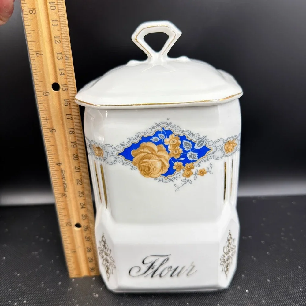 Victoria China Czechoslovakia Flour Canister Vintage Porcelain Blue Gold Rose